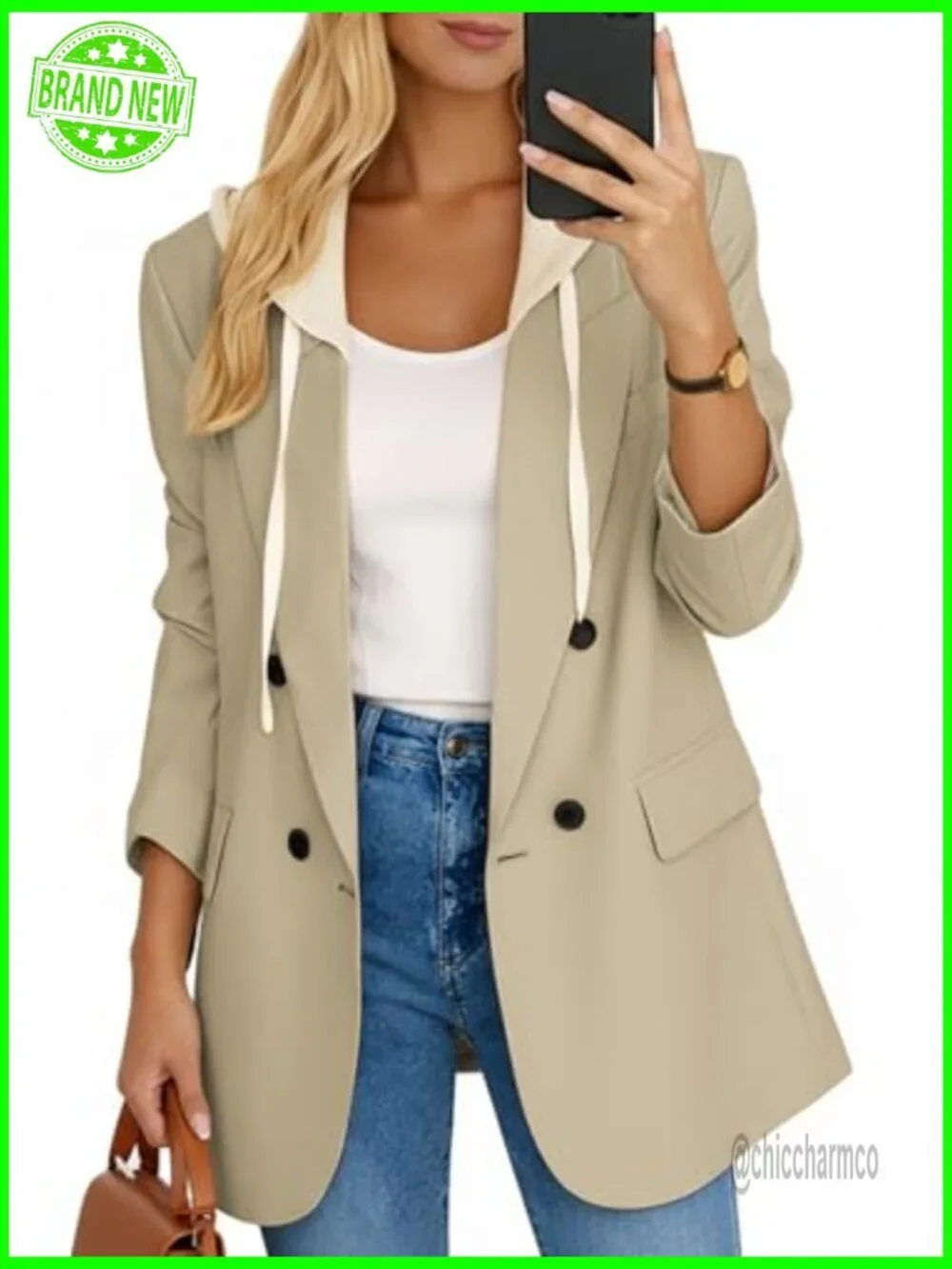 Hooded Blazer Jacket Women Oversized Long Double-Breasted Casual Full-Lined